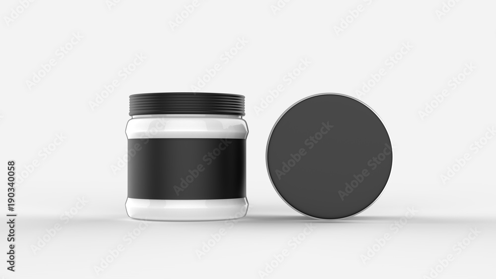 Mayonnaise jar mock up with black label isolated on soft gray background. Small size. 3D illustrating. Mayonnaise jar mock up with black label isolated on soft gray background. Small size. 3D illustrating.