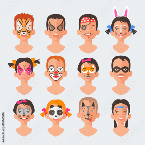 Children face painting set vector illustrations