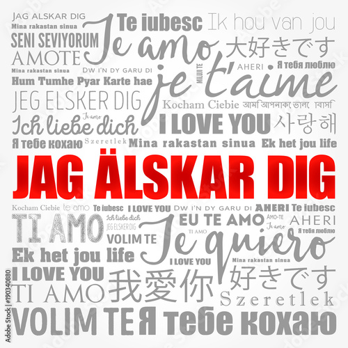 Jag älskar dig (I Love You in Swedish) in different languages of the world, word cloud background