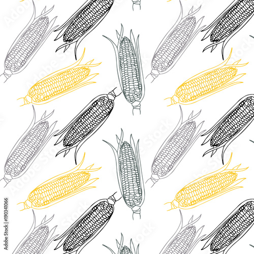 Vector hand drawn Corn cobs pattern in yellow, black and gray colors palette on white background