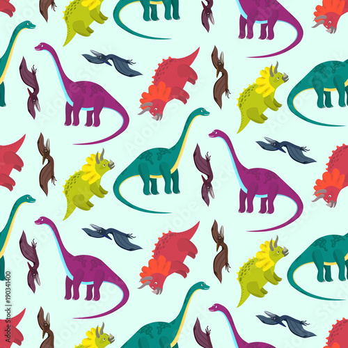 Cute cartoon multicolored dinosaurs seamless pattern for kids textile. Nice bright colorful childish texture with diplodocus  pterodactyl  triceratops for children textile  wrapping paper  background