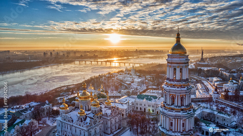 Canvas Print Orange sunset and cloud over cityscape Kiev, Ukraine, Europe
