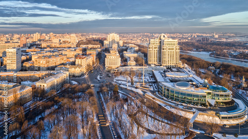 Orange sunset and cloud over cityscape Kiev, Ukraine, Europe