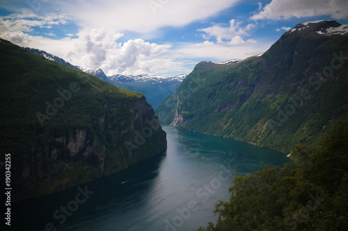 Aerial panorama view to Geiranger fjord from Trollstigen  Norway