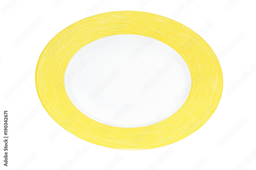 White plate with yellow border isolated on white background. White plate with yellow border isolated on white background.