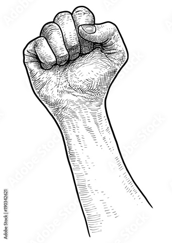 Clenched fist illustration, drawing, engraving, ink, line art, vector