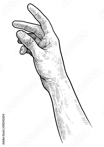 Reaching hand illustration, drawing, engraving, ink, line art, vector