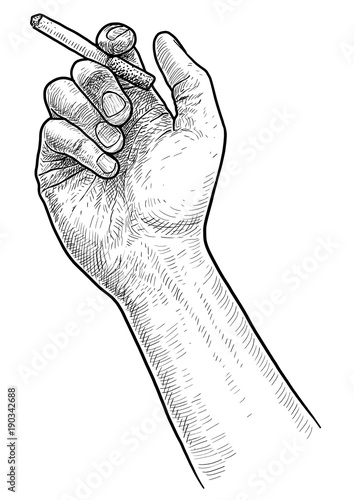 Cigarette in hand illustration, drawing, engraving, ink, line art, vector