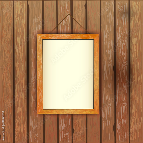 old wooden wall with a picture in the frame with a white background