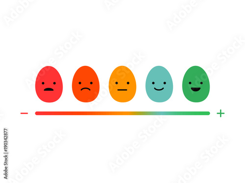 We want your eggback feedback emoji concept for Happy Easter day. Egg emoticons: angy, sad,  indifferent, smily, happy variatoins with scale of happyness vector illustration