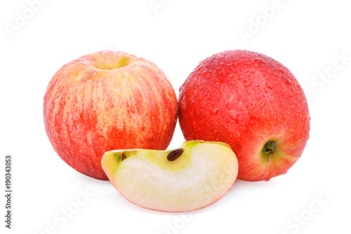 two whole and slice red gala apple with drop of water isloated on white background
