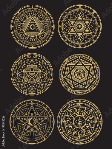 Golden occult, mystic, spiritual, esoteric vector symbols