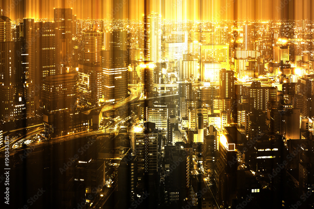 Naklejka premium Gold light vertical burst shining down to the city