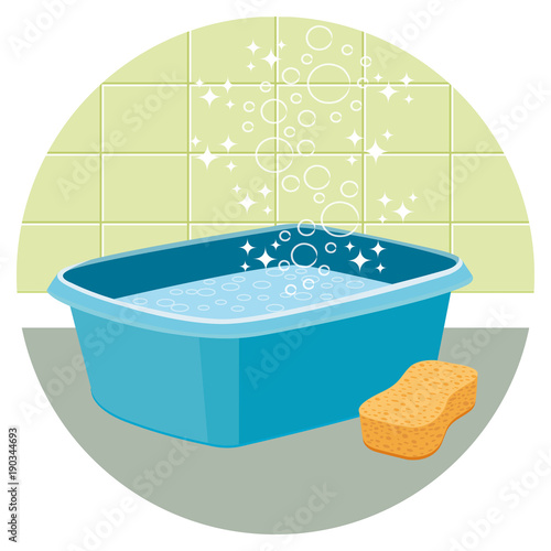 Basin filled with water with sponge. House cleaning vector icon.