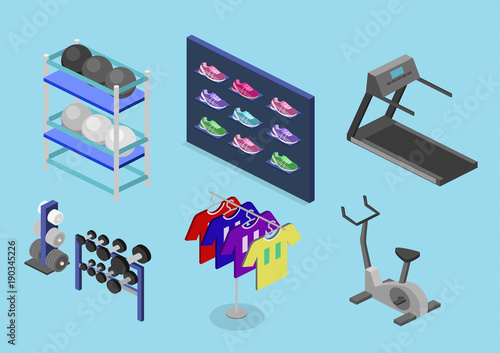 Isometric flat 3D isolated vector goods for the sports shop.