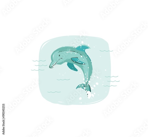 Hand drawn vector abstract cartoon summer time fun illustration with jumping dolphin in blue ocean waves isolated on white background.