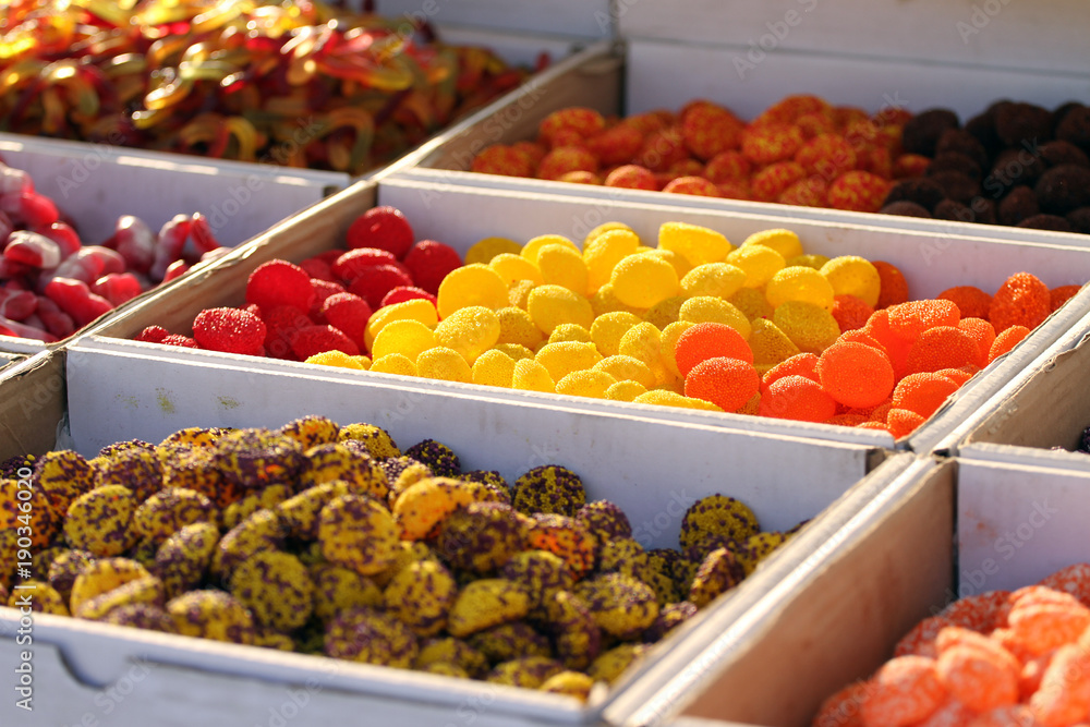 Candies. Variety of candy on a market. Various of colorful sugar candies . Selective focus. 