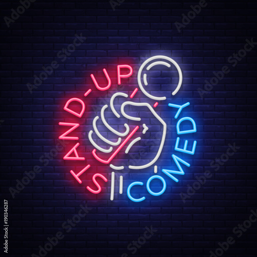 Comedy Show Stand Up invitation is a neon sign. Logo, Emblem Bright flyer, light poster, neon banner, brilliant night commercials advertisement, card, postcard. Vector illustration