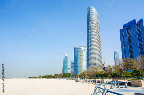 Abu Dhabi Corniche beach and walking area with landmark view of © creativefamily