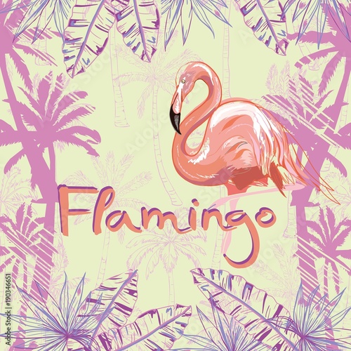 Pink flamingo vector illustration isolated on green background.