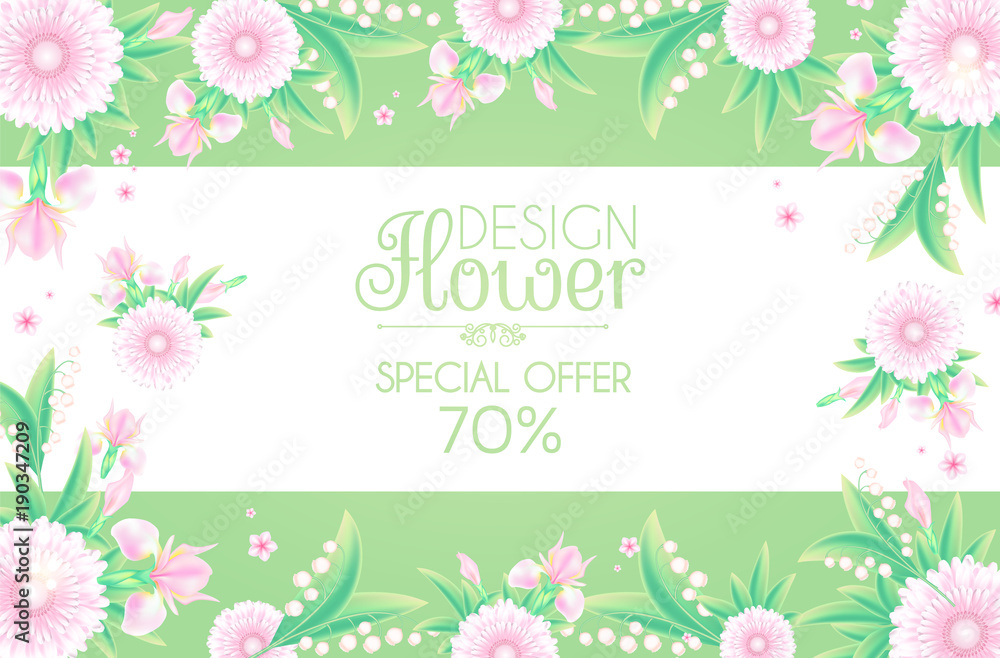 Flower Card. Cute Card Design Template for Birthday, Anniversary, Wedding, Baby and Bride Shower and so on.