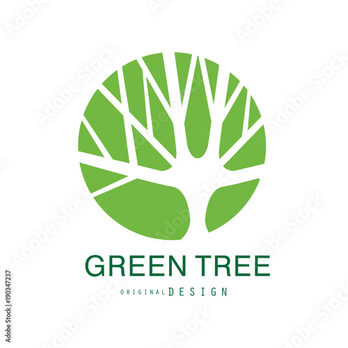 Green tree logo original design, eco and bio badge, abstract organic design element vector illustration