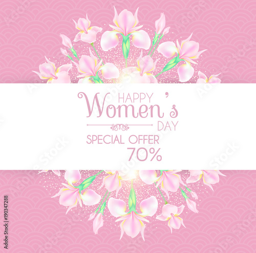 8 March. Women s Day Greeting and Invitation with Soft Flowers. Cute Card Design Template for Birthday  Anniversary  Wedding  Baby and Bride Shower and so on.