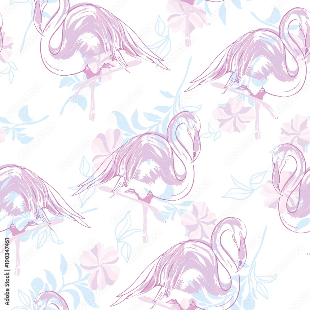 Obraz premium Beautiful seamless vector tropical pattern background with flamingo and hibiscus. Abstract texture, stripes. Perfect for wallpapers, web page backgrounds, surface textures, textile.