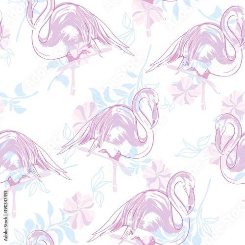 Beautiful seamless vector tropical pattern background with flamingo and hibiscus. Abstract texture  stripes. Perfect for wallpapers  web page backgrounds  surface textures  textile.