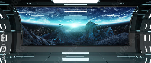 Fototapeta Naklejka Na Ścianę i Meble -  Spaceship interior with view on Earth 3D rendering elements of this image furnished by NASA