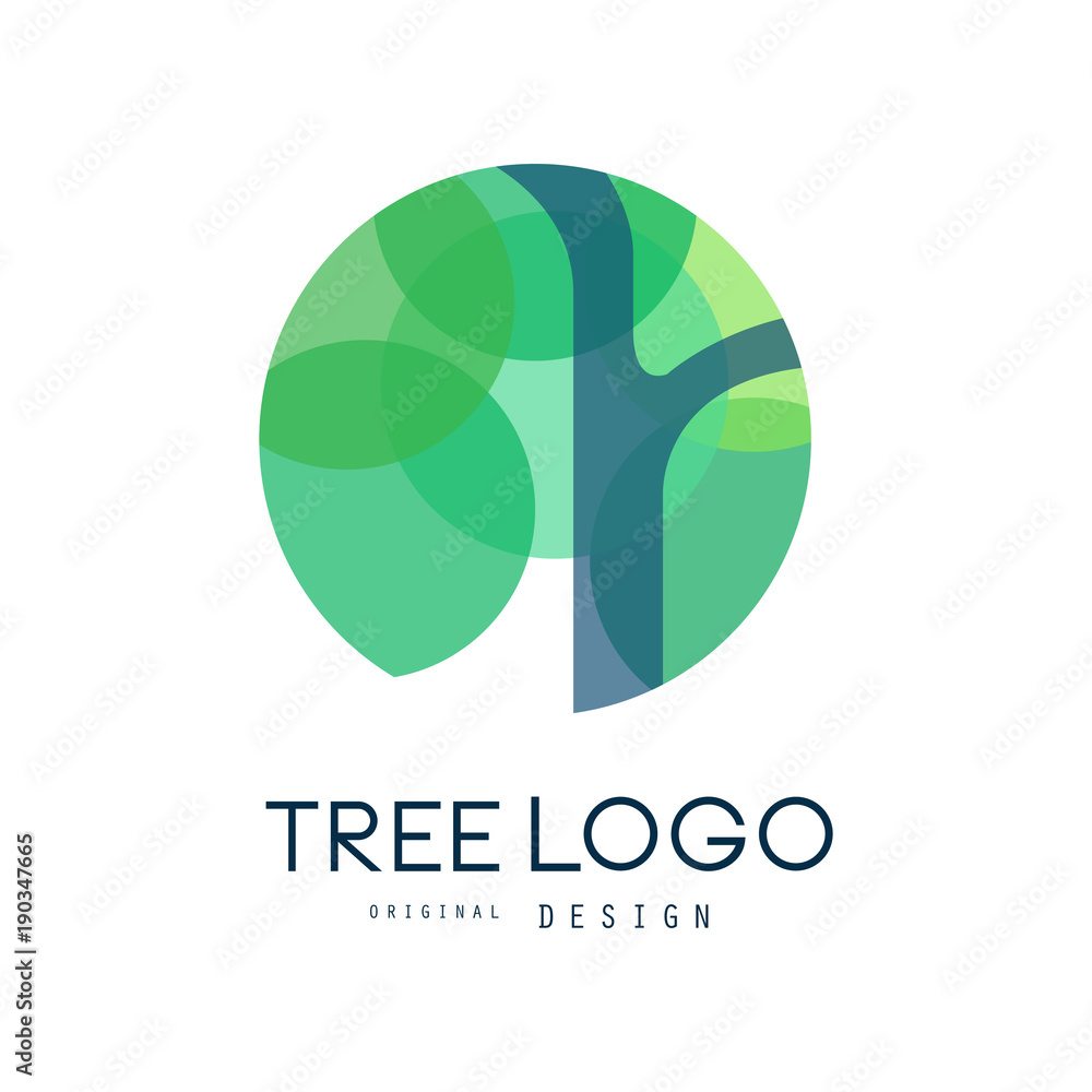 Green tree logo original design, green eco circle badge, abstract organic element vector illustration - obrazy, fototapety, plakaty 