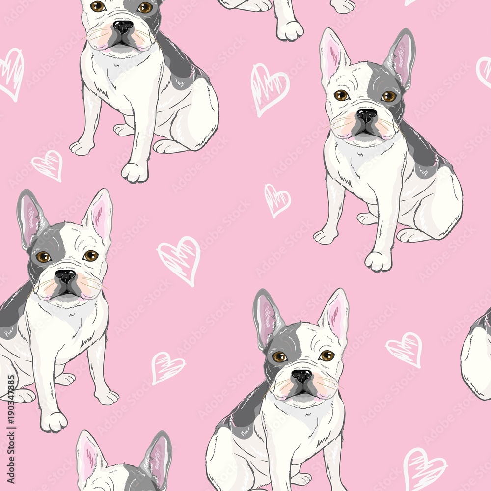 Character design pattern background of head bulldog.Doodle style on green blue.