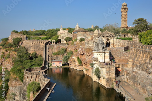 General view of Chittorgarh Fort (Garh) with the Tower of Victory, the ramparts and Hindu temples, 
Chittorgarh, Rajasthan, India photo