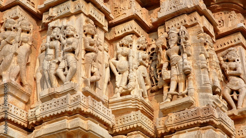 Details of the carvings of Adhbudhnath Shiva Temple, located inside the fort (Garh) of Chittorgarh, Rajasthan, India, with sculptures of Apsaras
