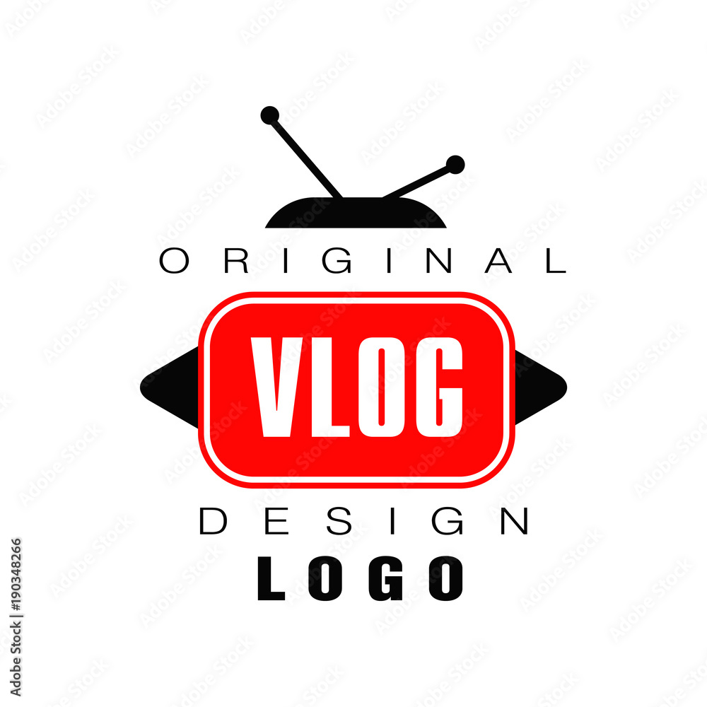 Vector logo design for vlog or videoblog. Emblem with TV antenna, play  buttons and place for text. Internet video channel label.  Visual-communication blog Stock Vector | Adobe Stock