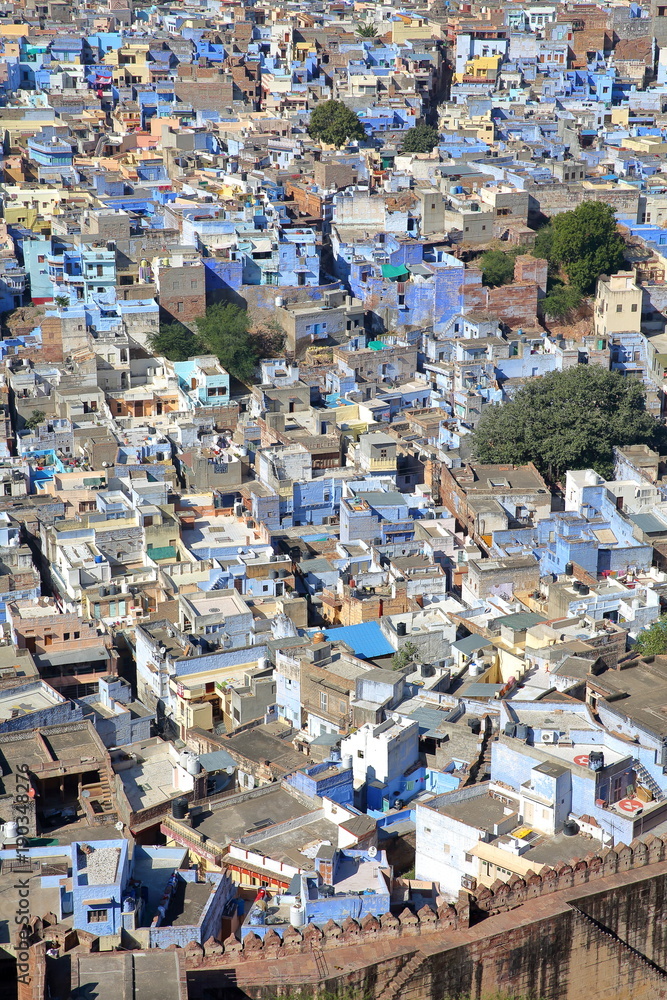 View of the Blue City of Jodhpur (with blue painted houses) from Mehrangarh fort in Jodhpur, Rajasthan, India
