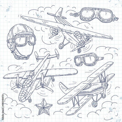 Vector retro biplane, set icons old aircraft on a background of clouds, pilot helmet and glasses