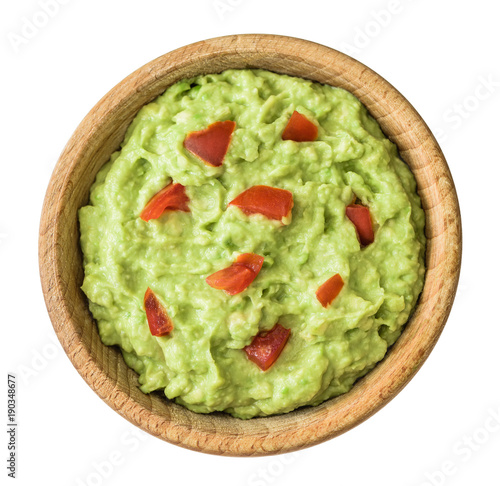 Overhead View of Guacamole in Wooden Bowl Isolated on White Background