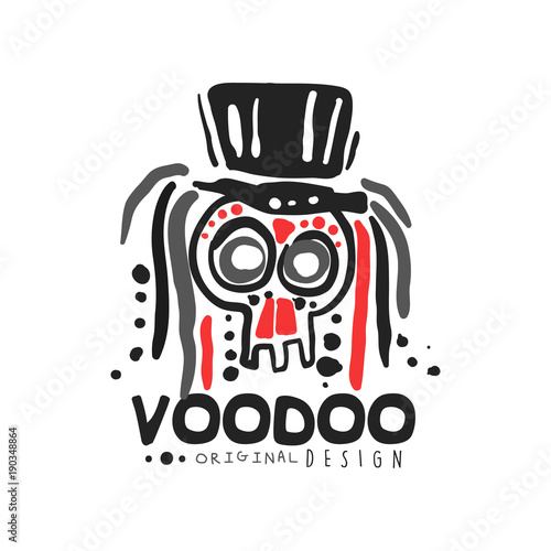Original Voodoo magic logo template design with abstract skull with hair wearing hat. Religion and culture. Hand drawn mystical vector illustration