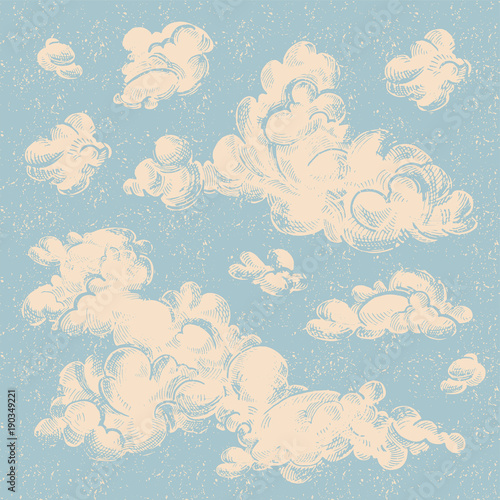Engraved vintage clouds set. Ink illustration.