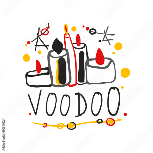 Kid s style drawing Voodoo magic logo or label template design with stars and candles. Spiritual theme creative print. Hand drawn mystical vector illustration photo