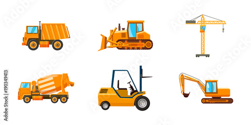 Contruction machine icon set, cartoon style