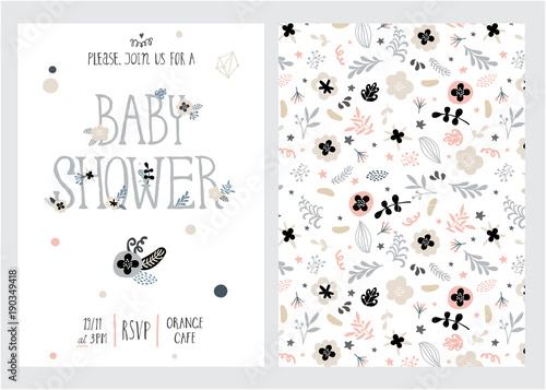 Baby shower girl and boy posters, vector templates. Vintage style with leaves, flowers, lettering. Cards with hand drawn text and elements on white background