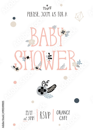 Baby shower girl and boy posters, vector templates. Vintage style with leaves, flowers, lettering. Modern and trendy cards with hand drawn text and elements on white background