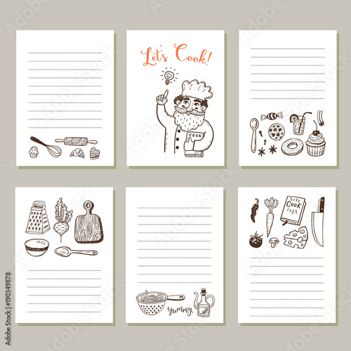 Page template set for notes or cooking recipe cards with hand drawn doodle food and kitchen design elements