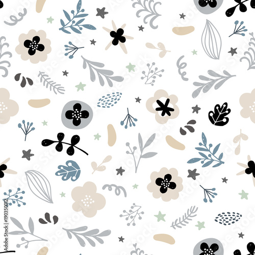 Elegant handdrawn floral trendy pattern in black and blue on white background. Seamless abstract repeat textile, gift wrap, wall art design. 