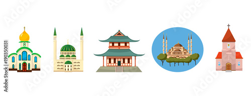 Temple icon set, cartoon style