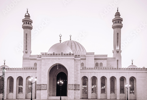 Exterior of Al Fateh grand mosque in evening. Manama, Bahrain