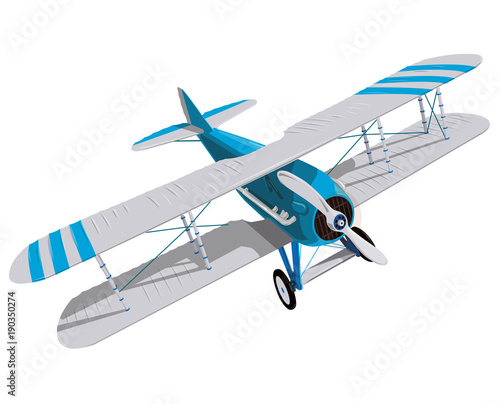 Biplane with blue and white coating. Model aircraft propeller with two wings. Plane from World War. Old retro aircraft. Jet designed for poster printing. Beautifully drawn vector flying biplane.
