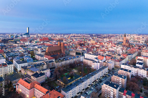 Aerial: Vibrant sunrise over Wroclaw at frosty morning